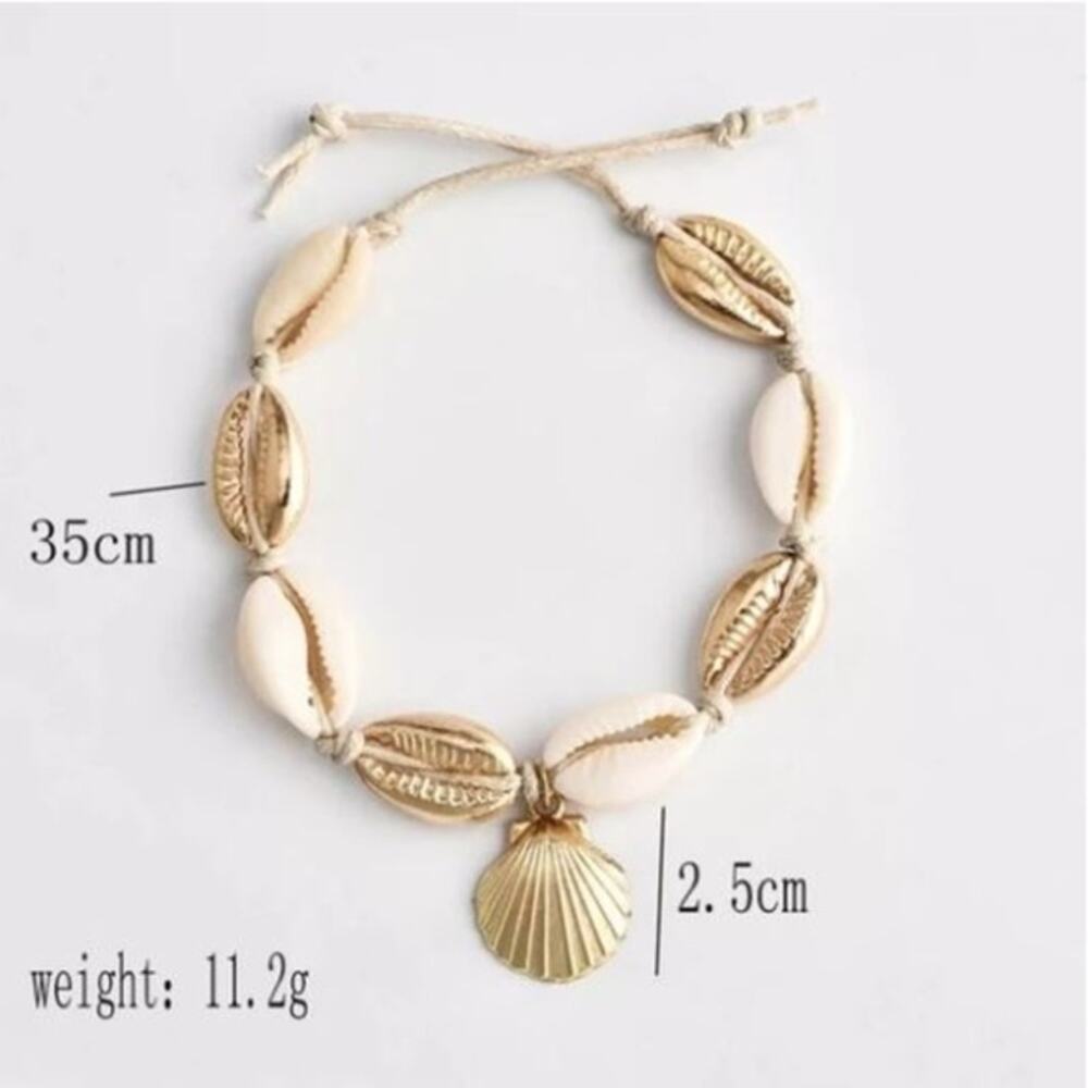 6 Seashell Anklet Bracelets OSFA black cord tie closure half shells silver gold - Picture 4 of 8